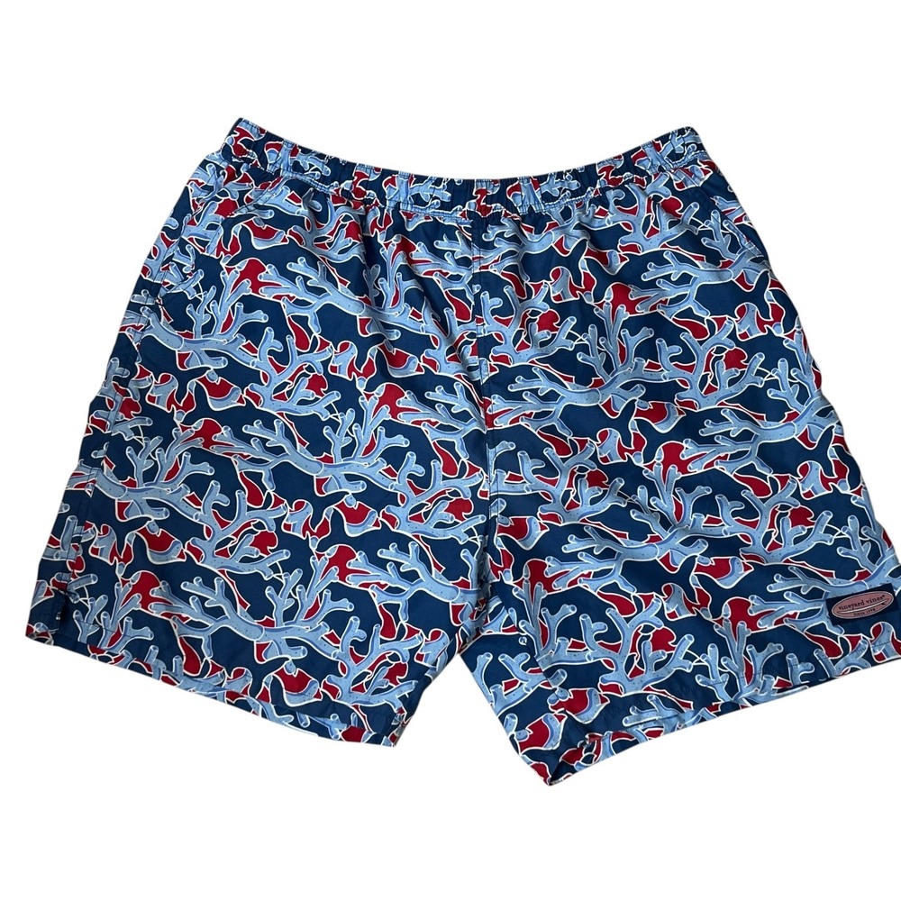 Vineyard Vines‎ Men's Coral Shell Print Swim Trunks Blue Red Elastic Waist XL